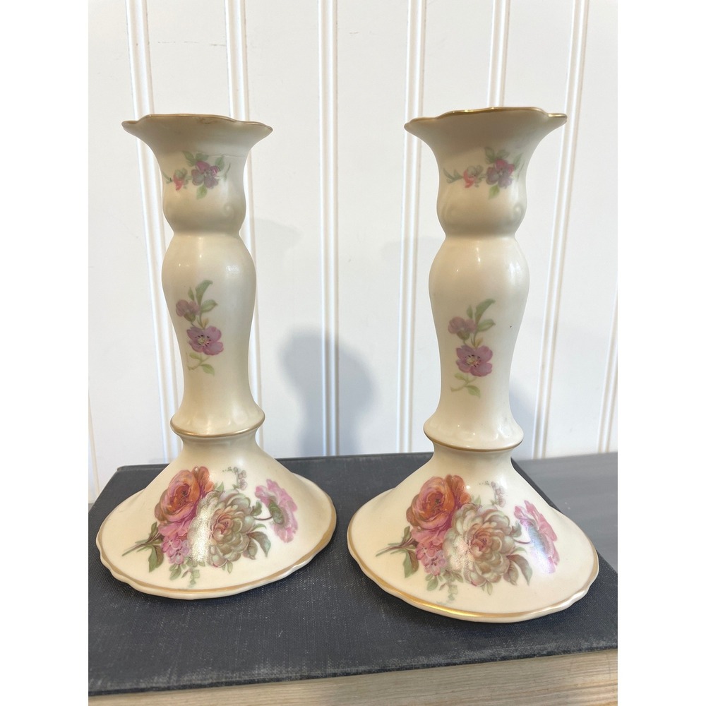 VTG 2pc Toyo Japan Antique Tea Rose Porcelain Candle Holders Gold Trim Cream 6in